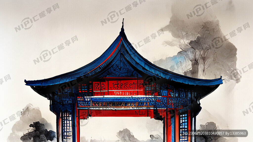 红蓝配色中式传统建筑舞台设计