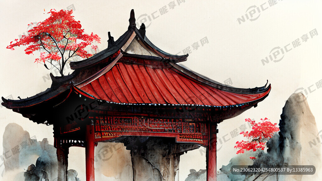 红色屋檐中式传统建筑舞台设计