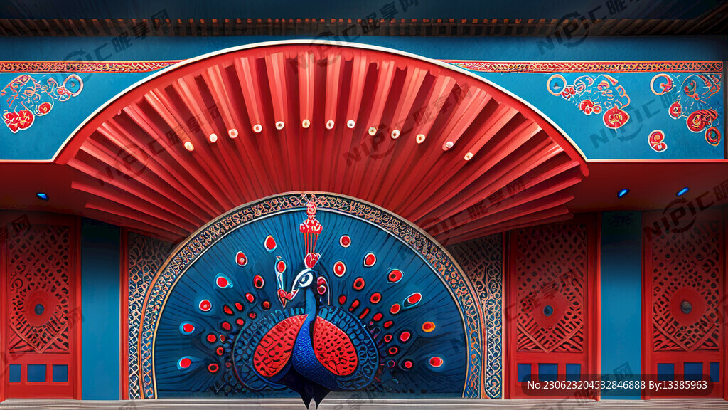 红色孔雀蓝配色韩式传统建筑舞台