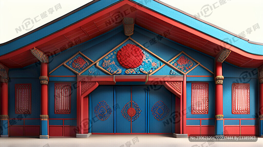 红色蓝色韩式传统宫廷建筑舞台设