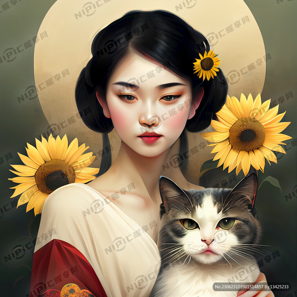 美女和猫以及向日葵