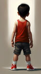 小男孩，背影，抬头看，白背心，红色短裤，运动鞋，全身