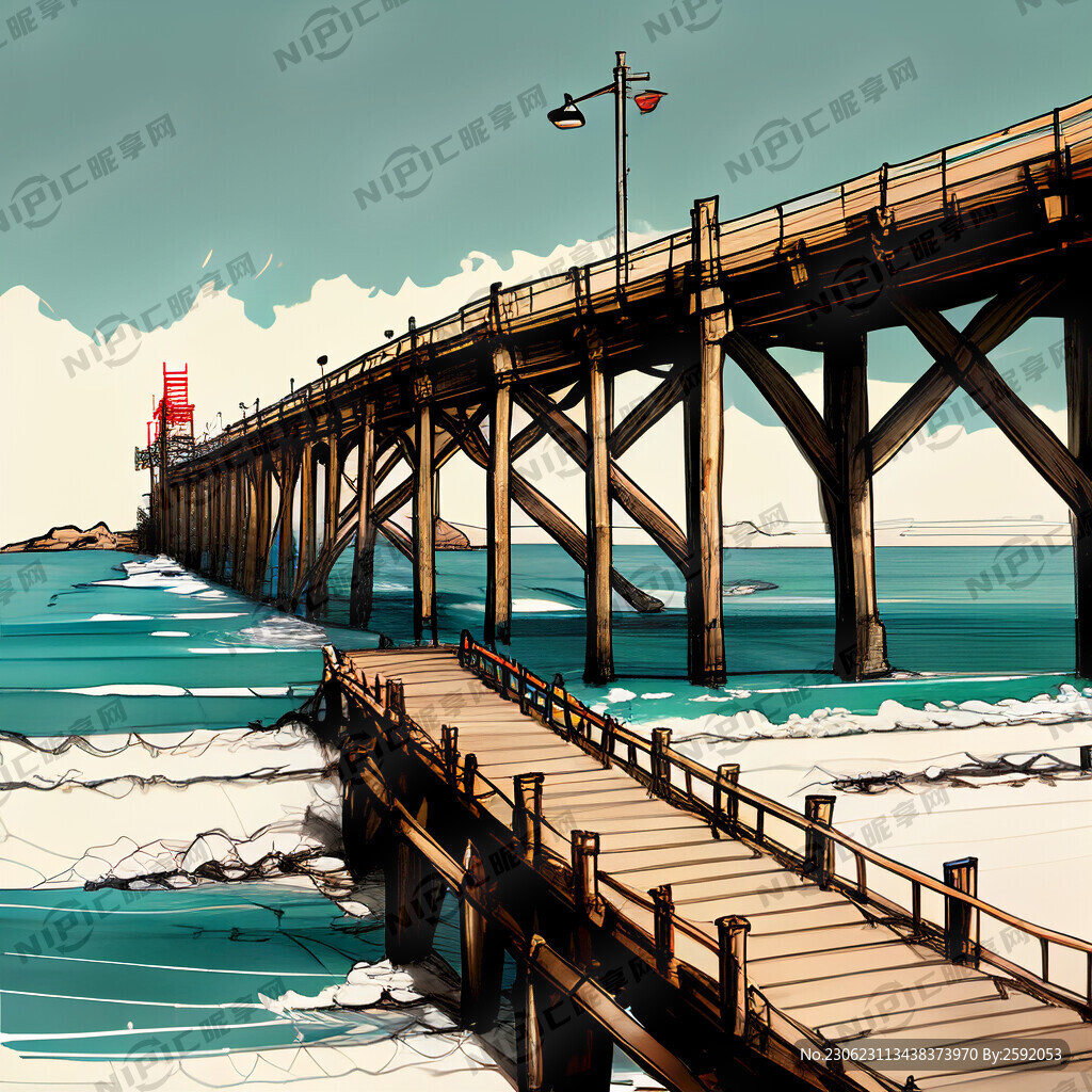 青岛栈桥 带大海 素描画