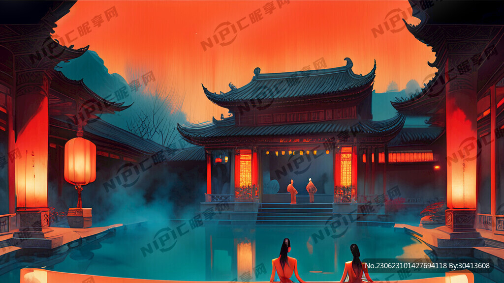 温泉池 古建筑 红纱 夜景