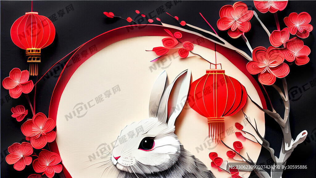 衍纸艺术 春节 可爱兔子 红梅