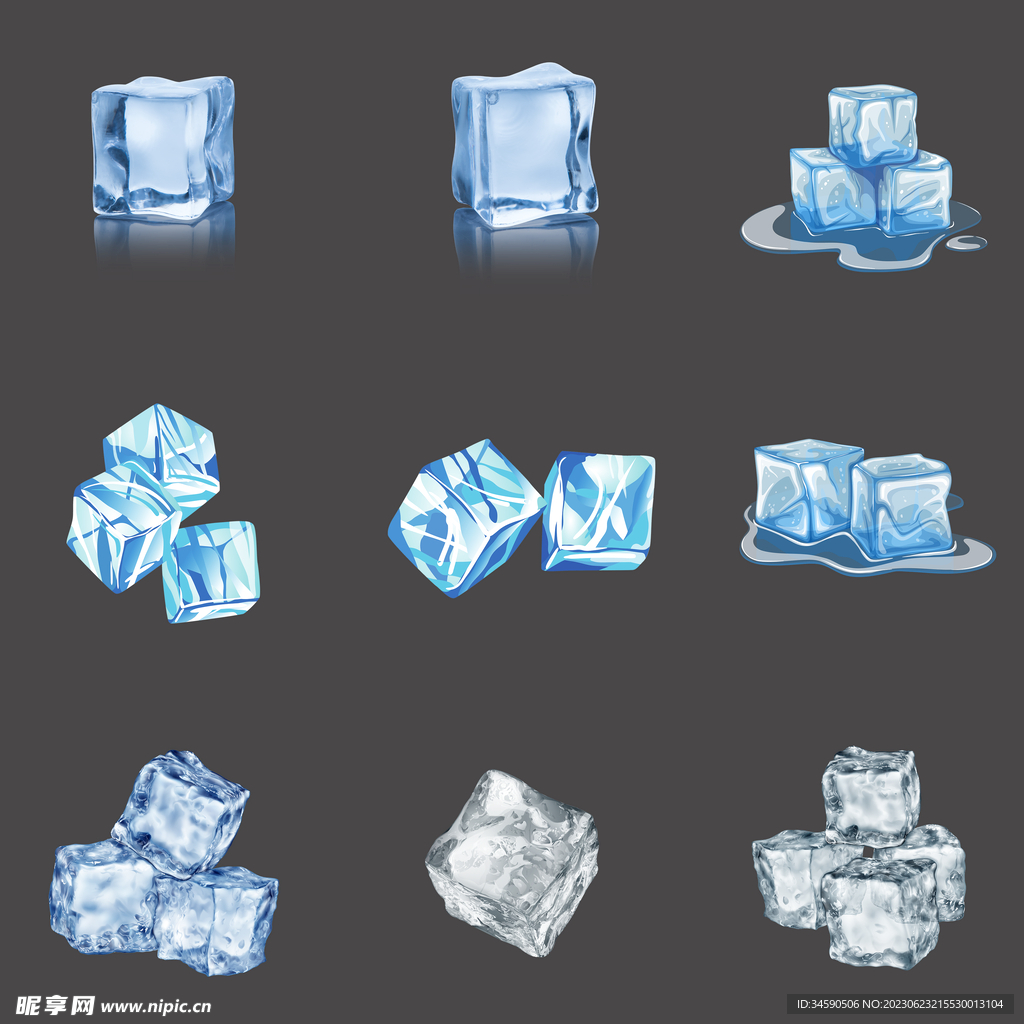 蓝色透明冷冻冰块碎冰