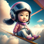 开心活泼漂亮可爱的小女孩戴头盔体验滑翔伞，大大的长方形滑翔