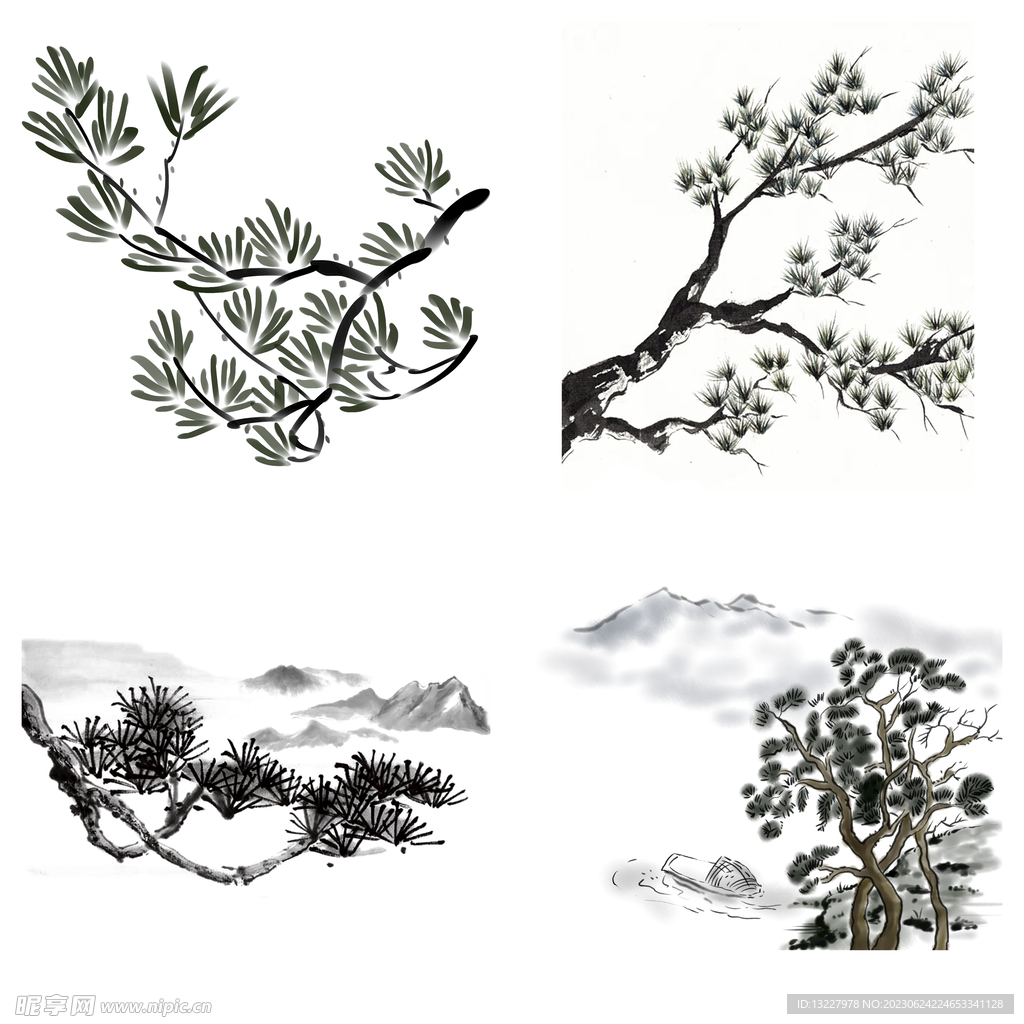 水墨松树松枝迎客松水墨画