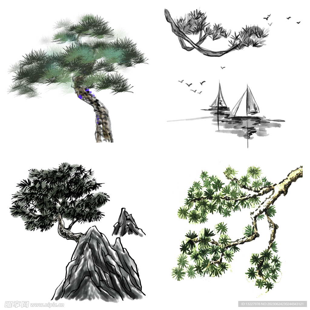 水墨松树松枝迎客松水墨画