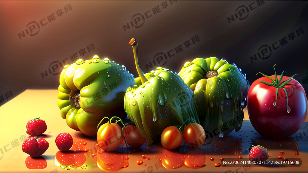 很多美味的蔬果 桌上有水滴