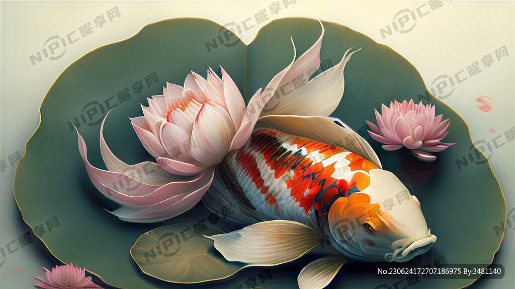 水中游锦鲤鱼 荷叶 荷花