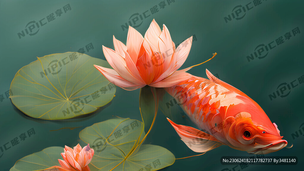 水中游大红锦鲤鱼 荷叶 荷花