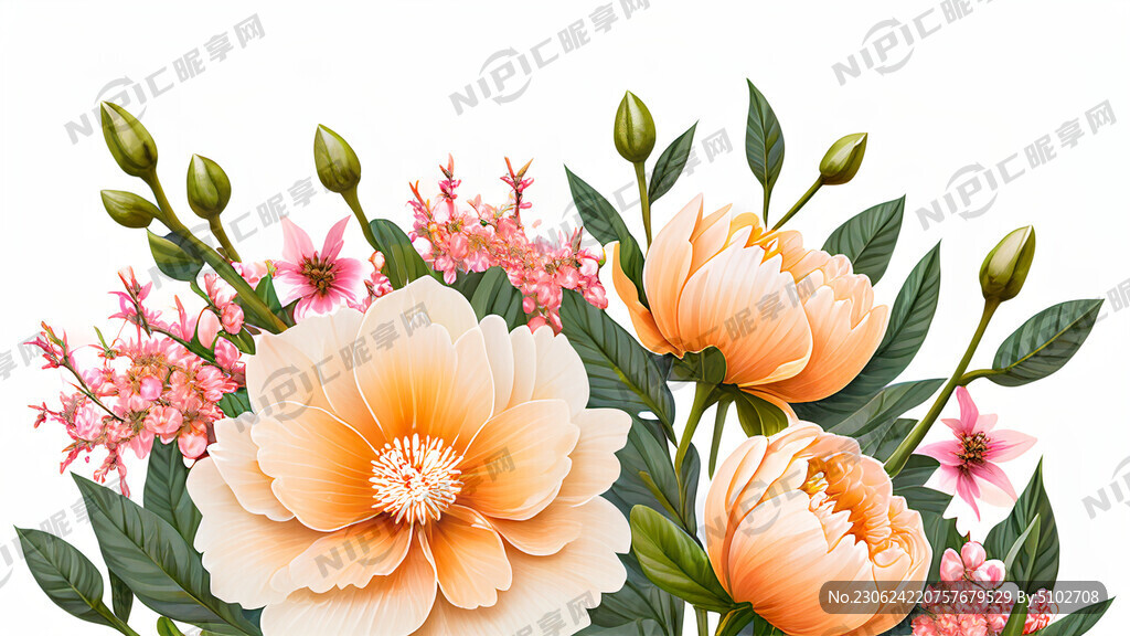 桃花白色背景一横排很多花束植物