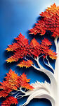 衍纸艺术，秋天，枫树，唯美红色，蓝天，高清，创意构图