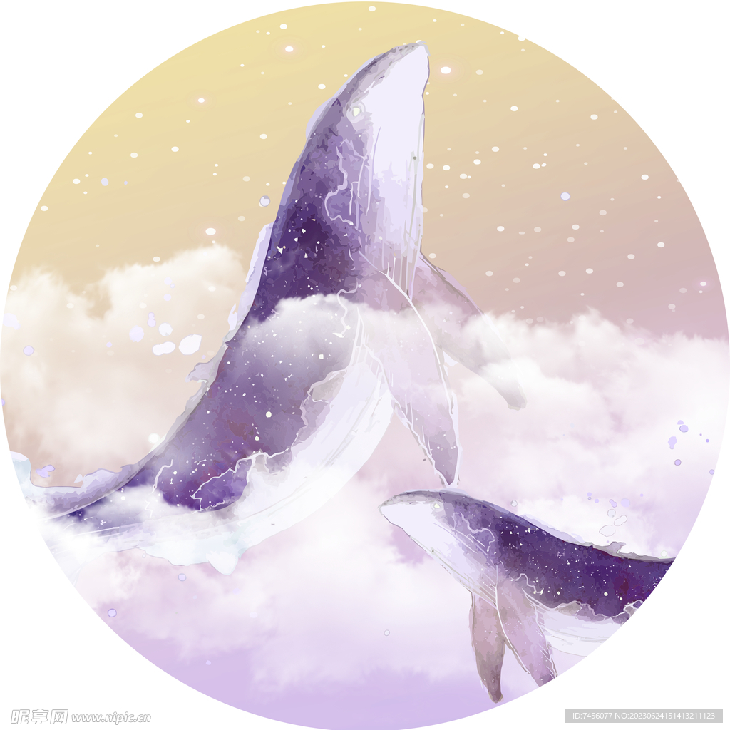 海豚白云水彩圆形挂画装饰画
