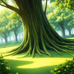 一颗树，小孩在树下跑，淡绿色，弱化树枝，卡通风格