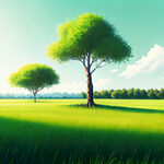树，浅绿，晴朗天空，草地背景，质感，写实风格。