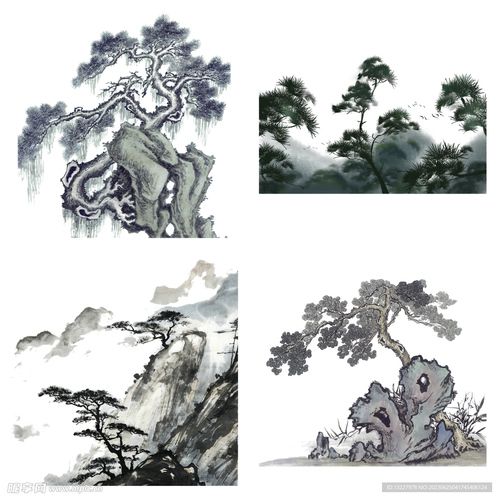 中国风水墨松树松枝迎客松水墨画