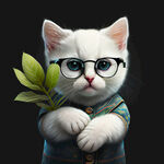 白色小猫，穿着衣服，带着眼镜,手里拿着绿色植物，黑色背景，全身照，