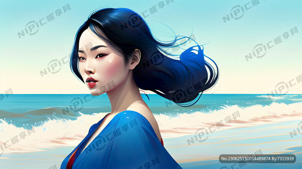 夏日美女蓝色海洋风格