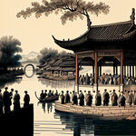 古代市井人物线条画，人群，白描，楼阁，凉亭，湖水，水纹，长桥，河岸小树。