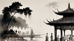 古代市井人物线条画，人群，白描，国画，楼阁，凉亭，湖水，水纹，长桥，河岸小树。
