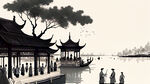古代市井人物线条画，人群，白描，国画，楼阁，凉亭，湖水，水纹，长桥，河岸小树。