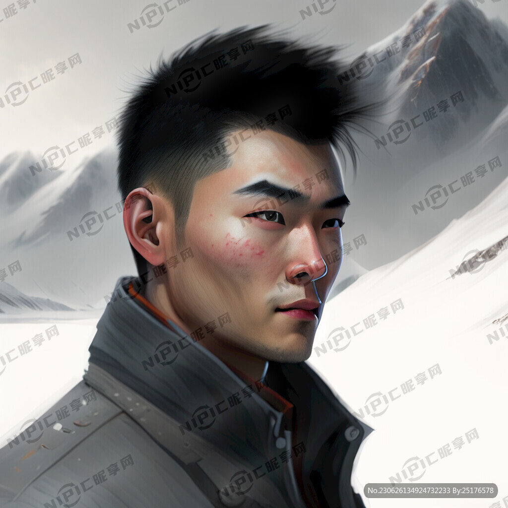 给我画一个在雪山上的男头像。侧