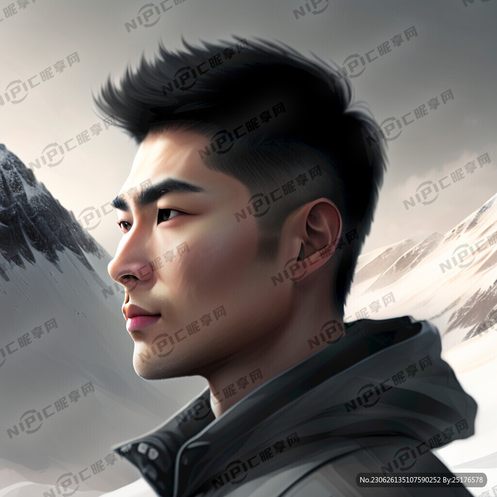 给我画一个在雪山上的男头像。帅