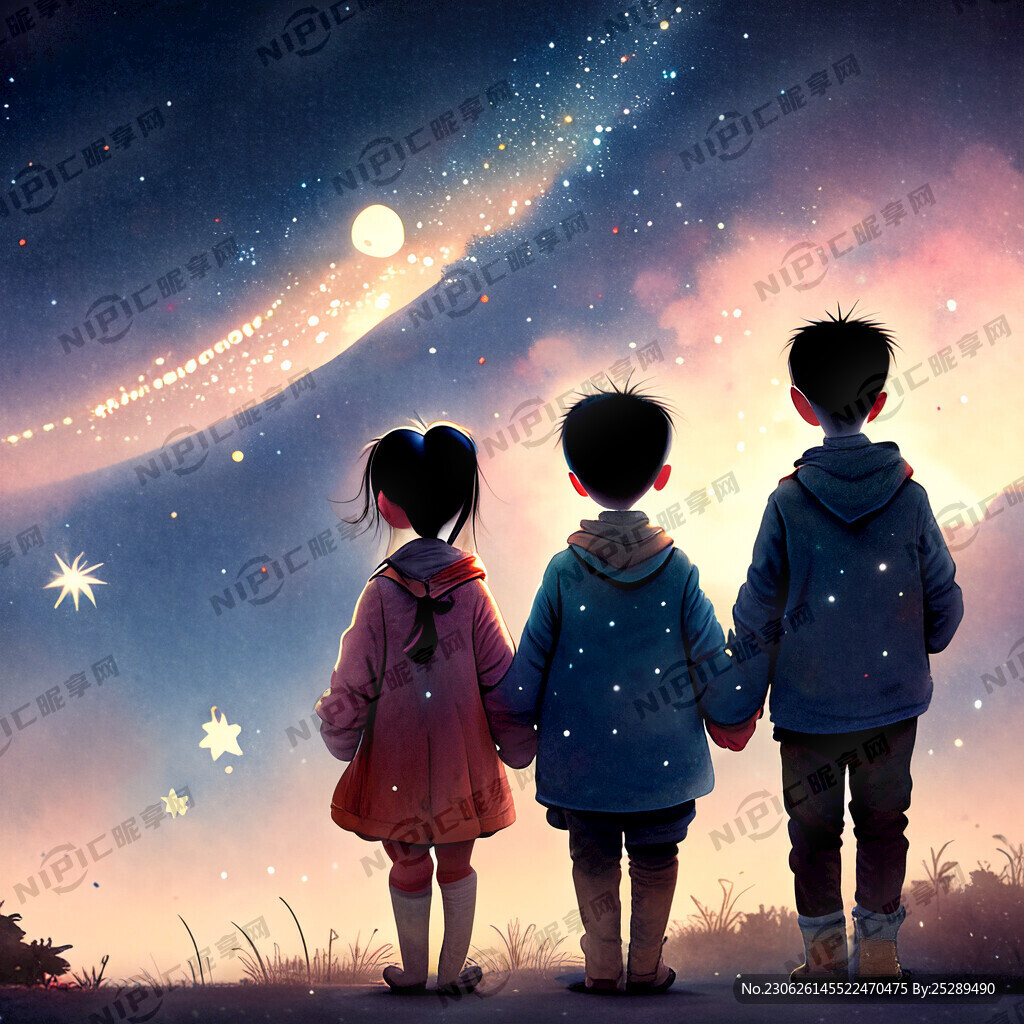 浪漫夜晚星空 有小朋友。