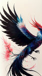 长尾飞翔凤凰鸟，头和尾巴上翘，头在左边，尾巴在右边，能看到整只鸟，中国风底图