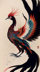 长尾飞翔凤凰鸟，头在左边，尾巴在右边，全景，中国风底图