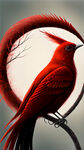 红色长尾飞天大鸟，头在左边，尾巴在右边，尾巴向上翘起，全景