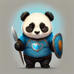 一只可爱的熊猫，卡通形象，站立，手持盾牌，蓝色上衣，黑色裤子