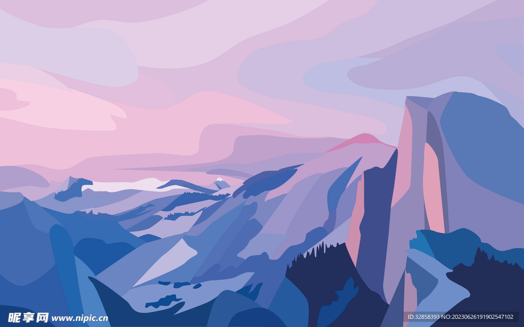 紫色高山树林插画风格背景