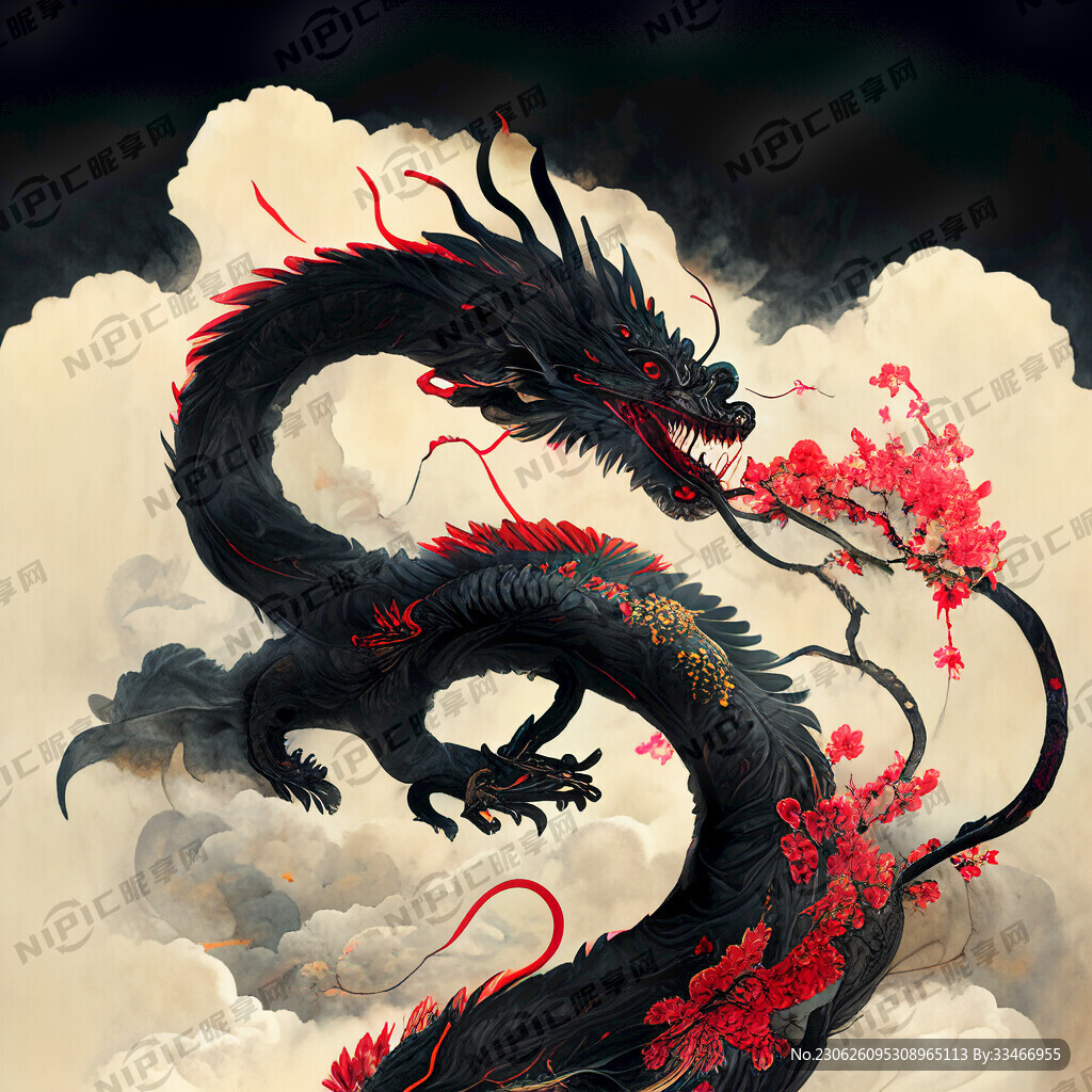 巨大的黑龙盘旋在乌云里面