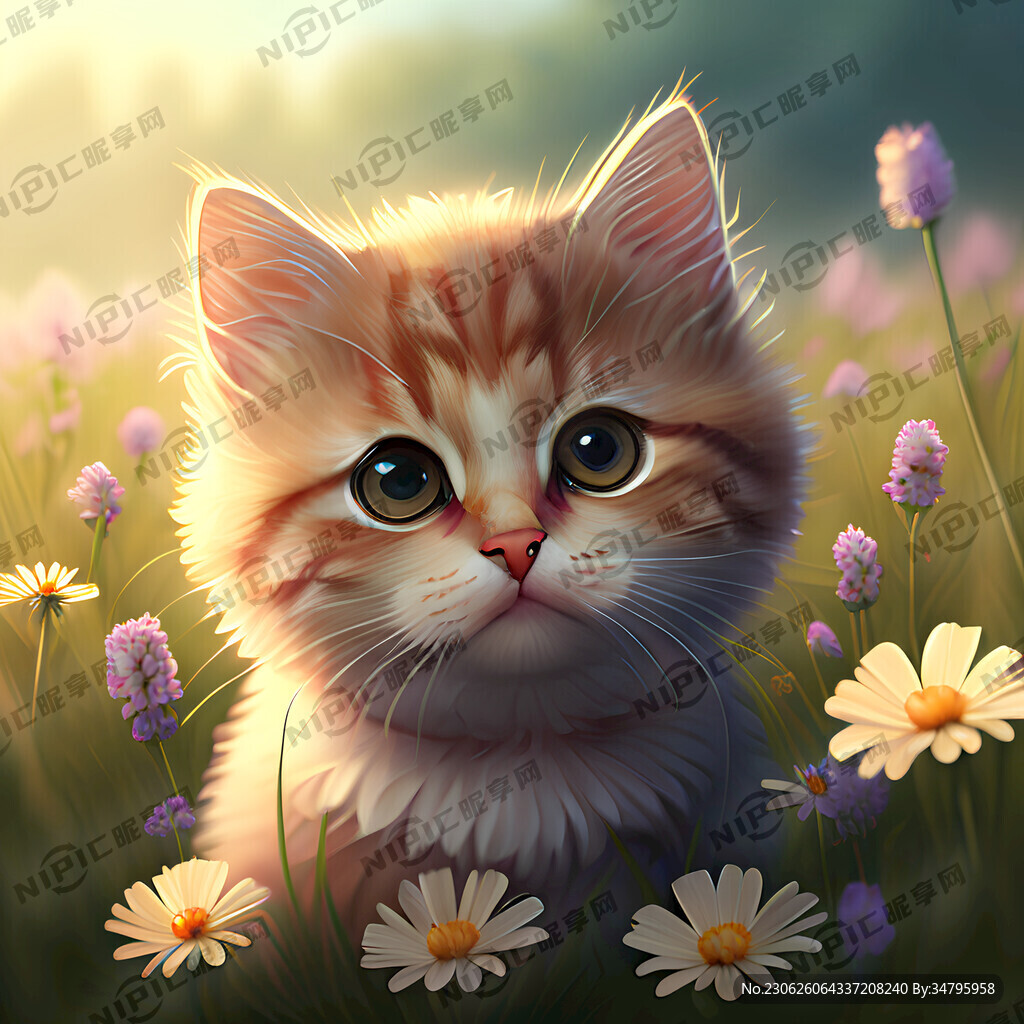 可爱的猫咪在花丛中