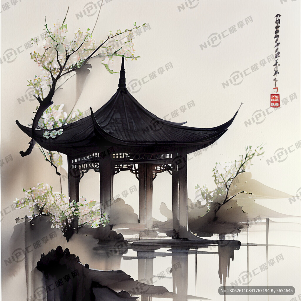 水面 亭子 梨花飘落