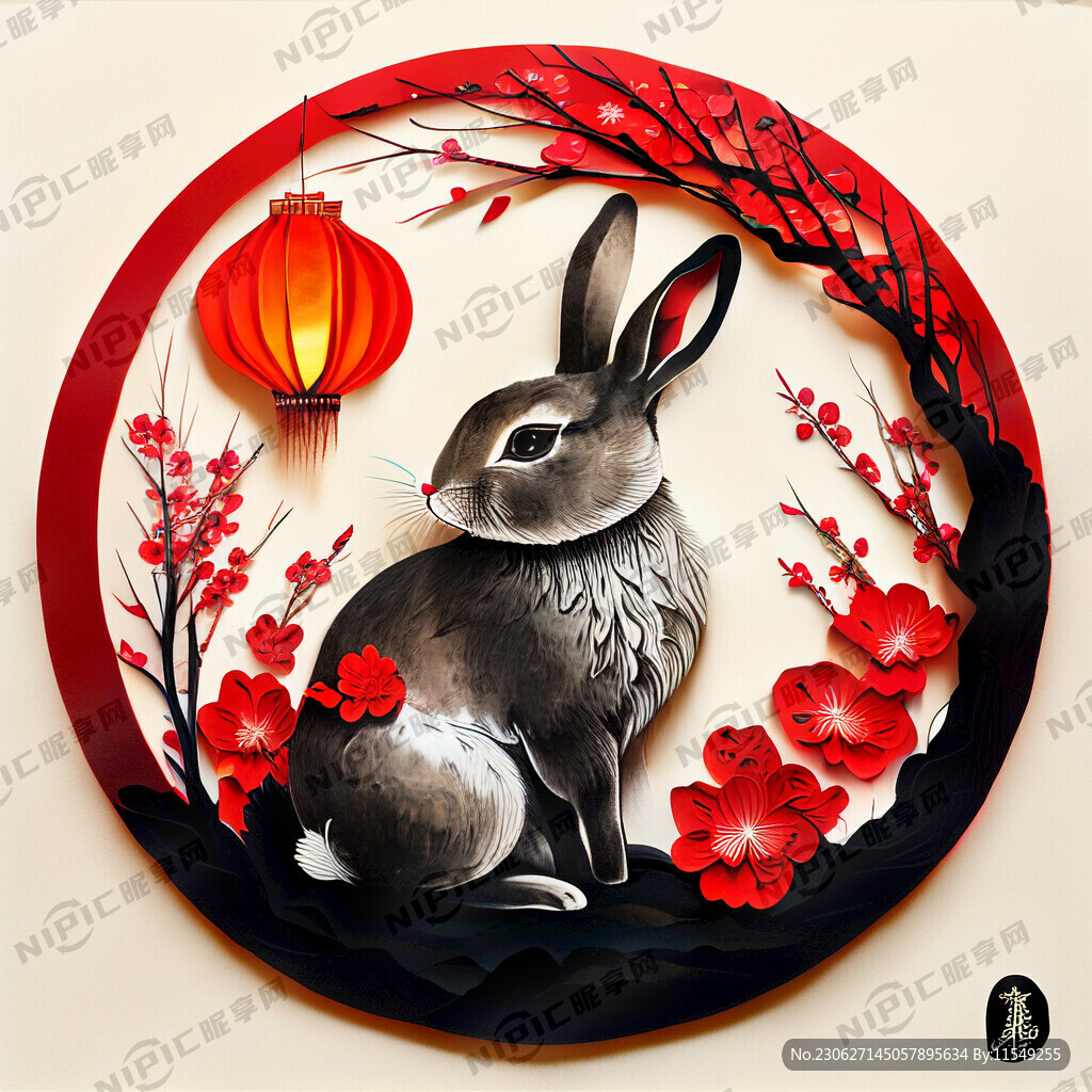 衍纸艺术 春节 可爱兔子 红梅