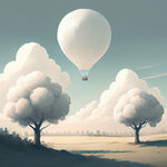 浅色风景画有树白云气球