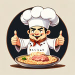 厨师端着面条，卡通，大拇指，正面视角，面条上有菜肉，戴厨师帽，儿童绘画风格，中国厨师，年轻厨师