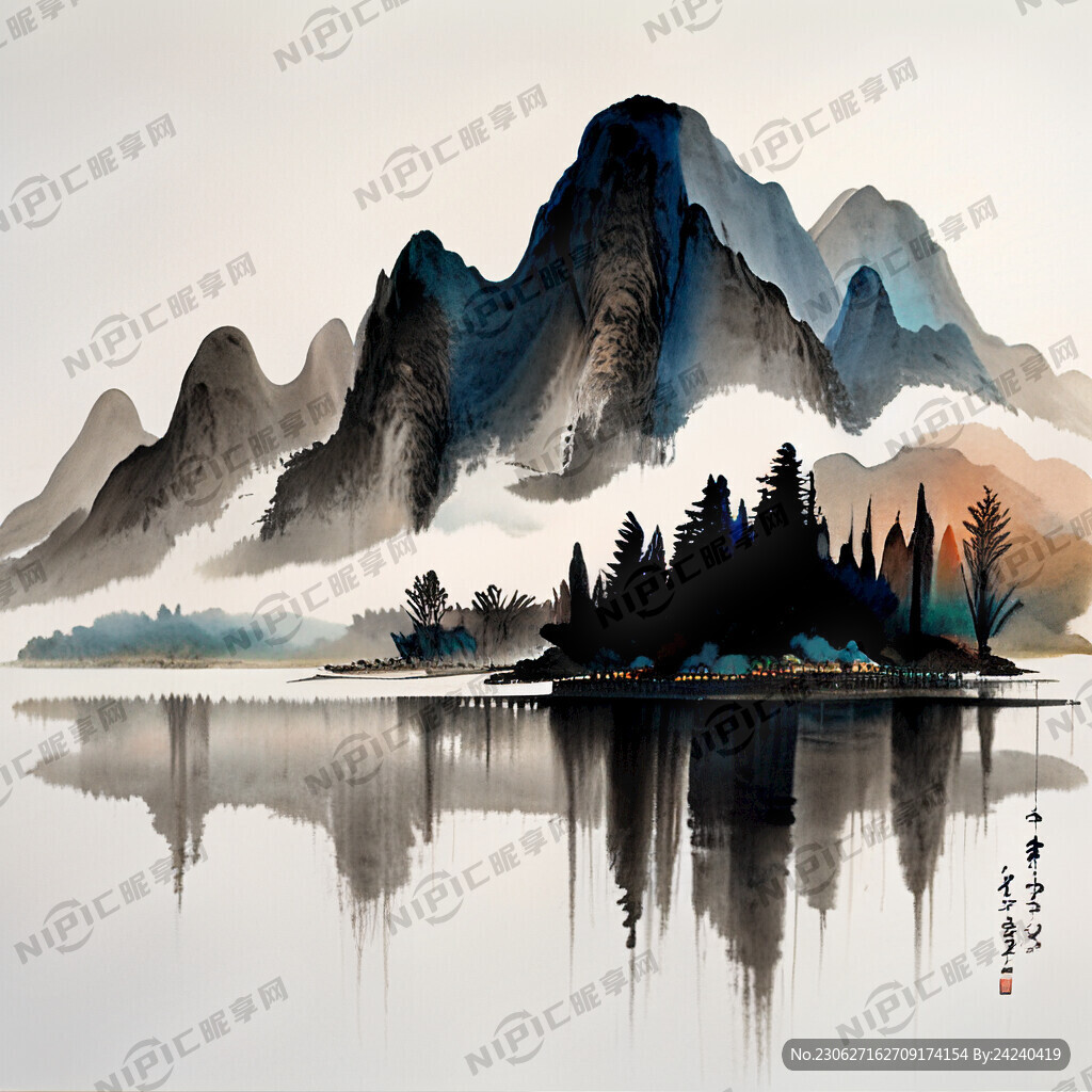 新中式画面 养生 山 湖 艾灸