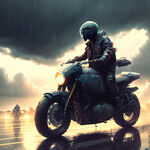 摩托车雨天有一丝穿过乌云的阳光赛博朋克