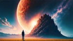 太空，在一颗星球上的视角，一个人在一片农作物田里抬头望向天空，天空是一片星系，有陨石流向人物砸，火光火星，人物背后是一个太空飞船