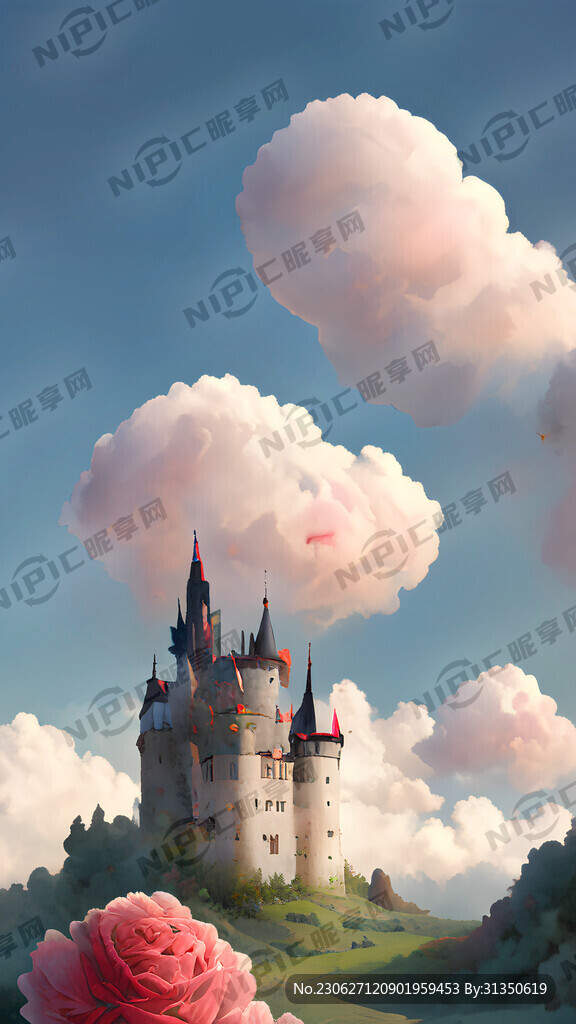 城堡玫瑰鸟风景云朵