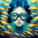 海底，蓝色，五彩斑斓的鱼群，带潜水眼镜的女孩，细节刻画，通透，颜色绚丽