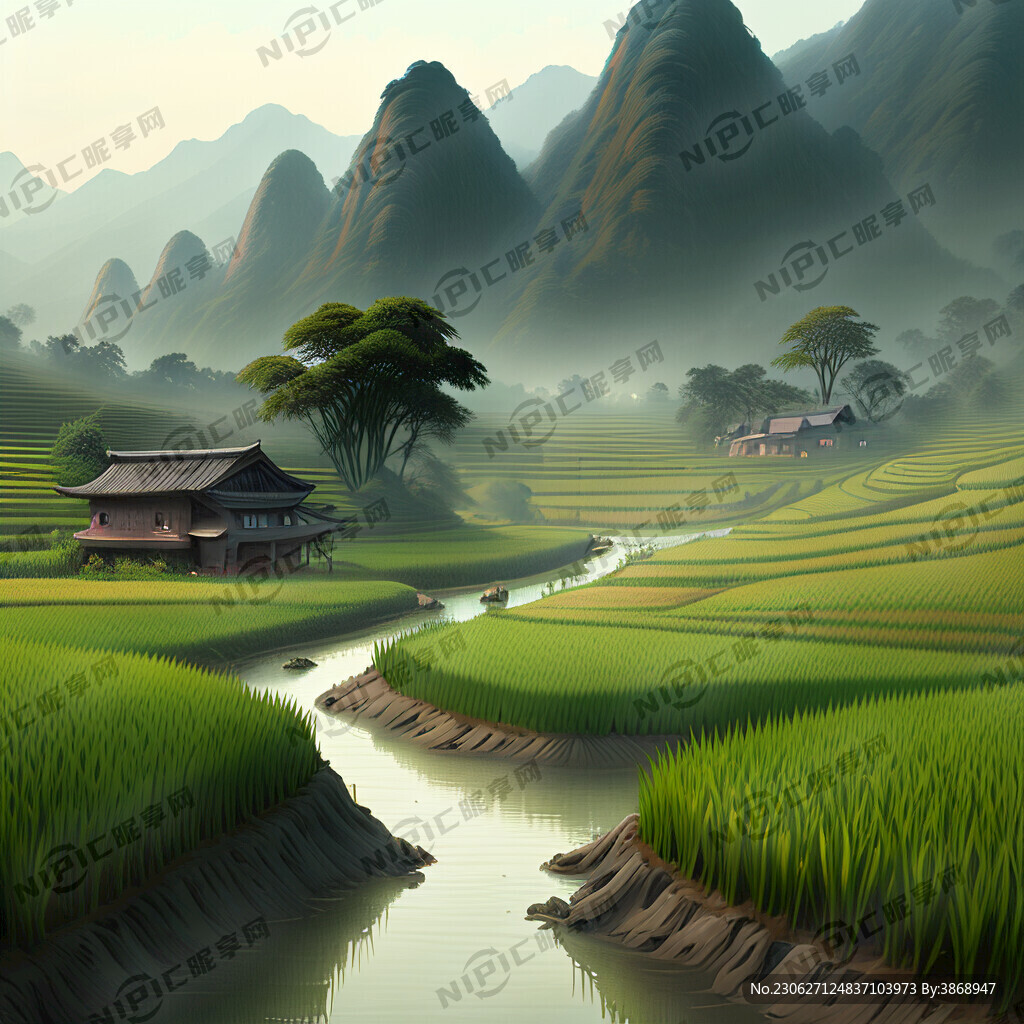 水稻青蛙山坡流水农民插秧