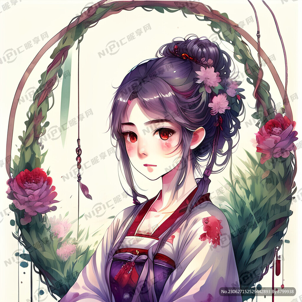 古风汉服动漫少女荡秋千 水彩画