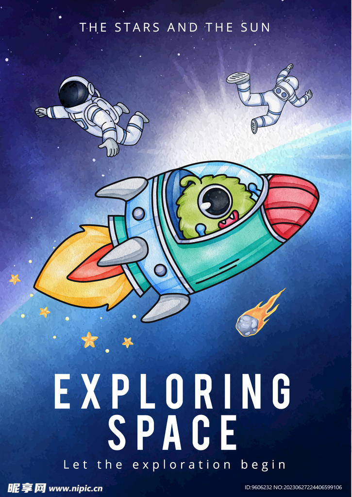 卡通宇航员太空飞碟生日插画海报