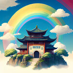 地球环绕儿童，地标建筑，蓝天，白云，彩虹，